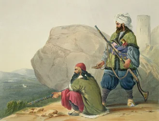 Afghan Foot Soldiers in their Winter Dress, with Entrance to the Valley of Urgundeh, plate 11 from 
